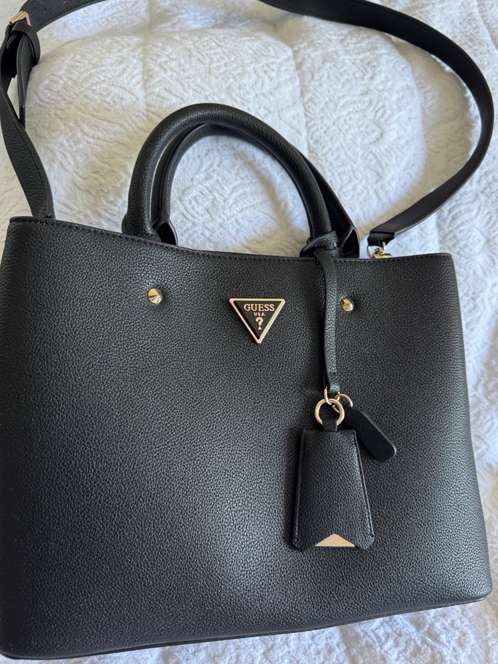 GUESS Black Pebbled Satchel with Gold Accents